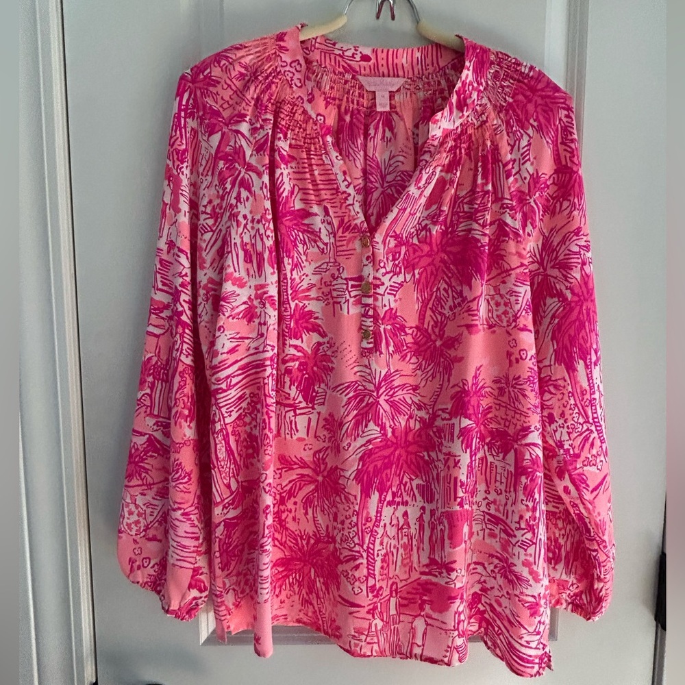 Lilly Pulitzer silk blouse in ‘Rule Breakers’ design